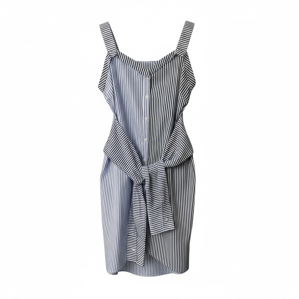 WALTER BAKER L Light Blue Navy Stripe Shirtdress Dress R $398 NWOT